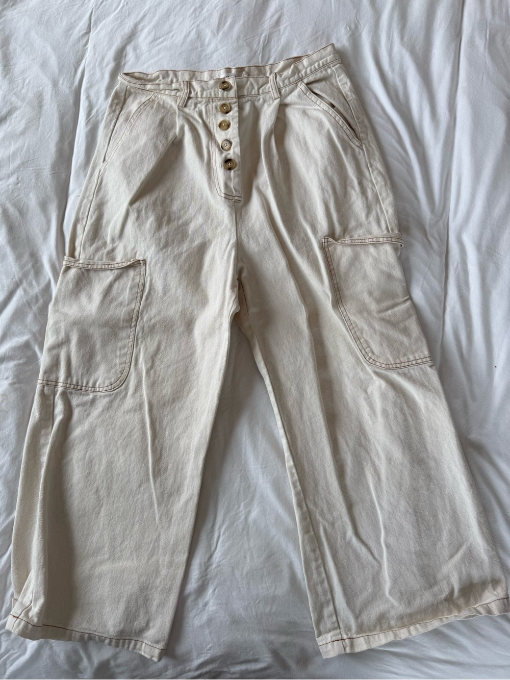 Mod Ref Cream Wide-Leg Cargo Pants with Button Fly